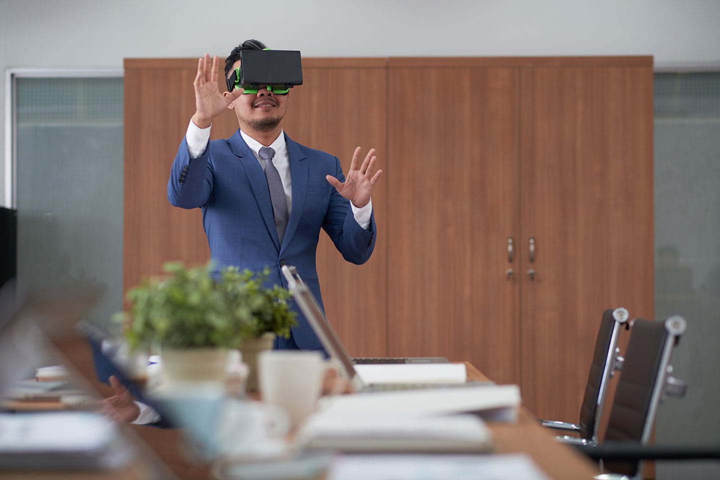 Business person using vr headset