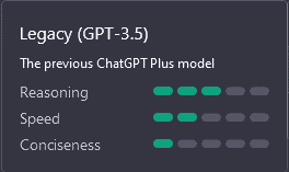 A screenshot of the reasoning, speed, and conciseness specs of the legacy ChatGPT-3.5 set
