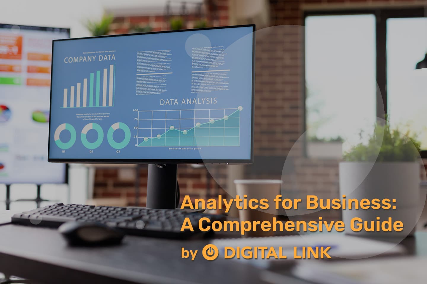 Company and data analysis on computer monitor for business analytics